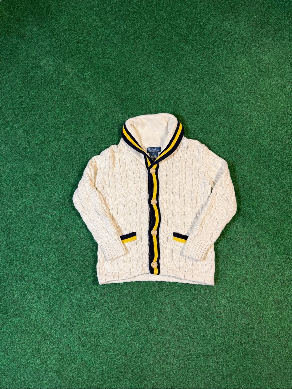 Cream Cable-Knit Shawl Collar Cardigan with Navy & Yellow Trim - Kids
